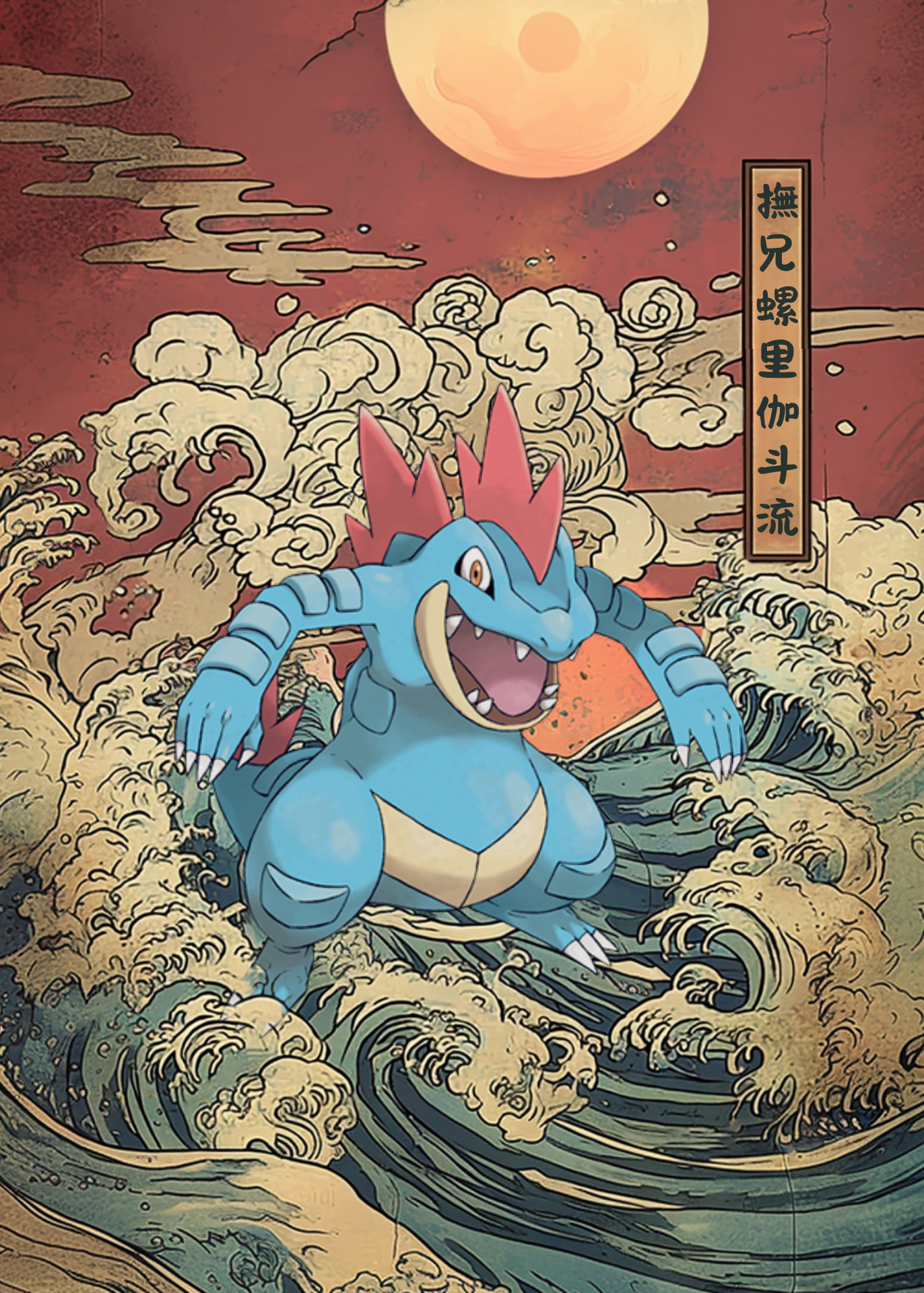 Feraligatr Pokemon character in a stylized Japanese wave and cloud background