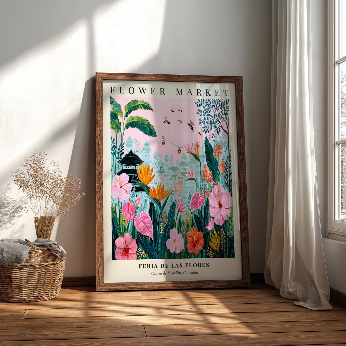 Floral artwork featuring vibrant flowers and greenery in a whimsical style, perfect for wall decor.