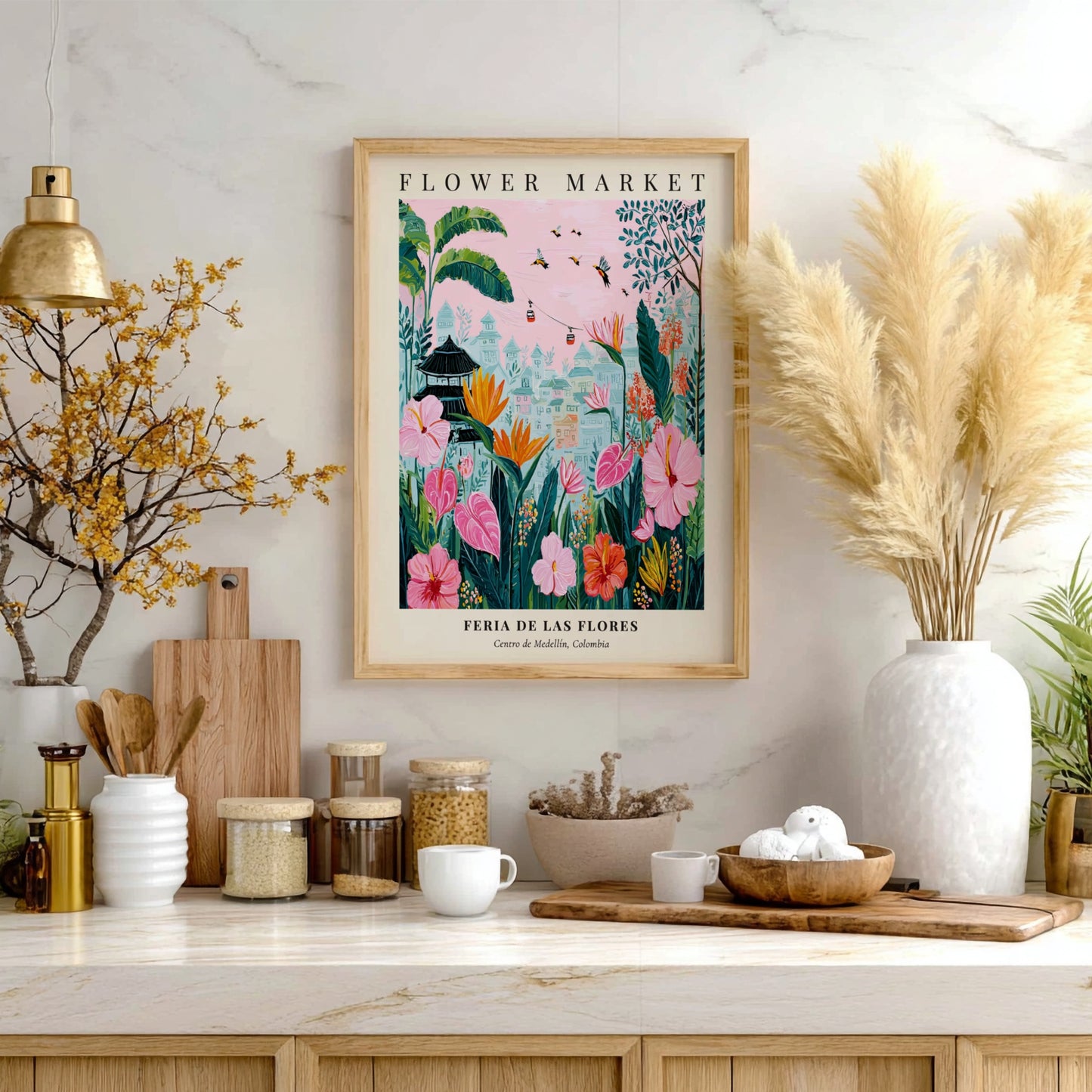 Floral artwork featuring vibrant flowers and greenery in a whimsical style, perfect for wall decor.