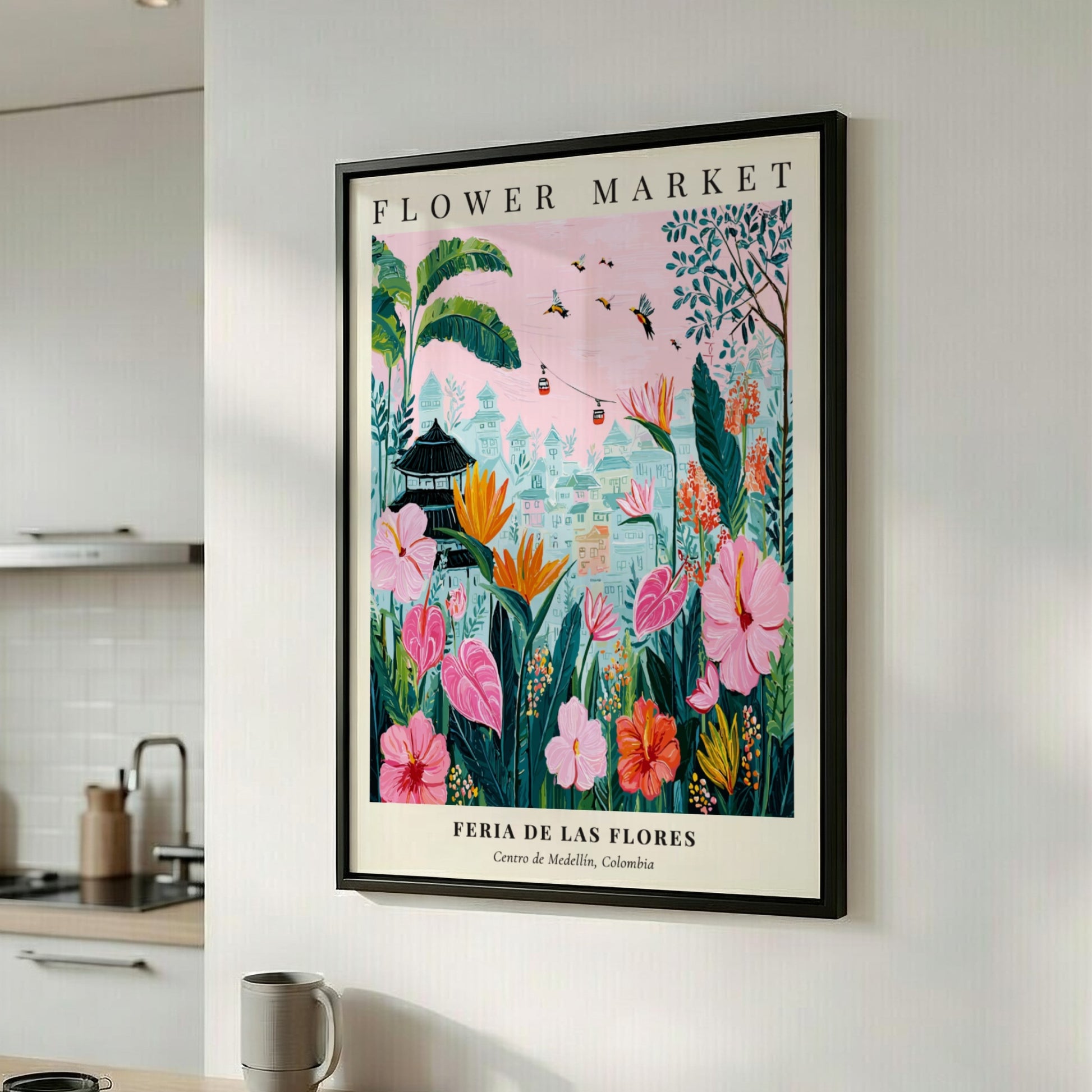Floral artwork featuring vibrant flowers and greenery in a whimsical style, perfect for wall decor.