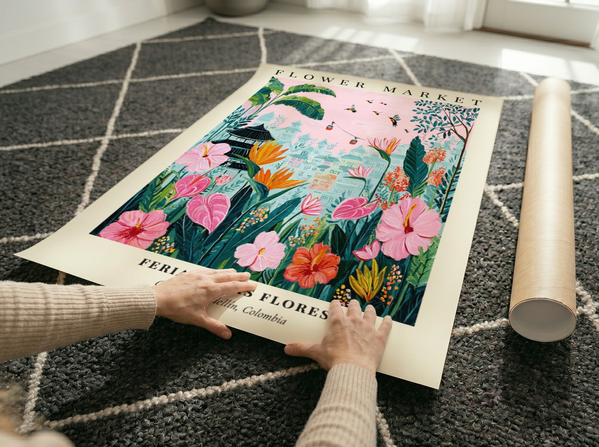 Floral artwork featuring vibrant flowers and greenery in a whimsical style, perfect for wall decor.