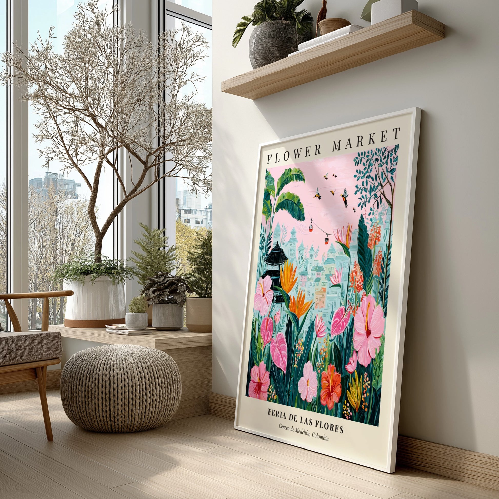 Floral artwork featuring vibrant flowers and greenery in a whimsical style, perfect for wall decor.