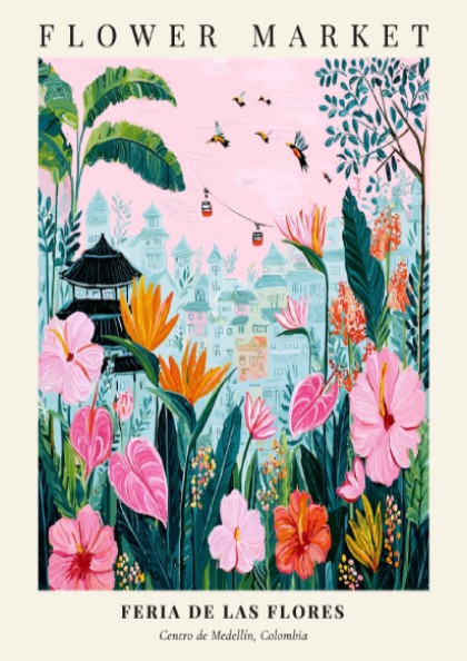 Floral artwork featuring vibrant flowers and greenery in a whimsical style, perfect for wall decor.