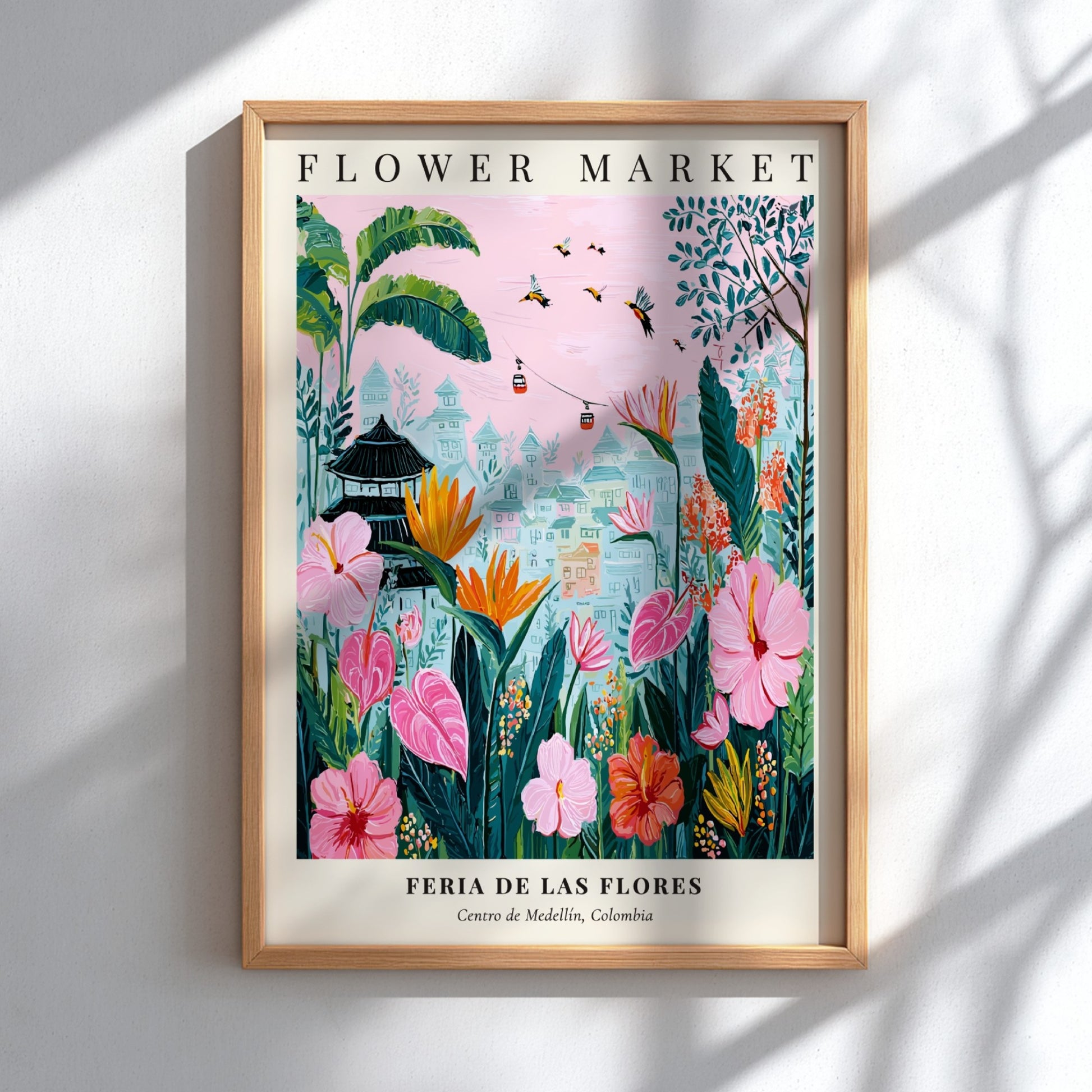 Floral artwork featuring vibrant flowers and greenery in a whimsical style, perfect for wall decor.