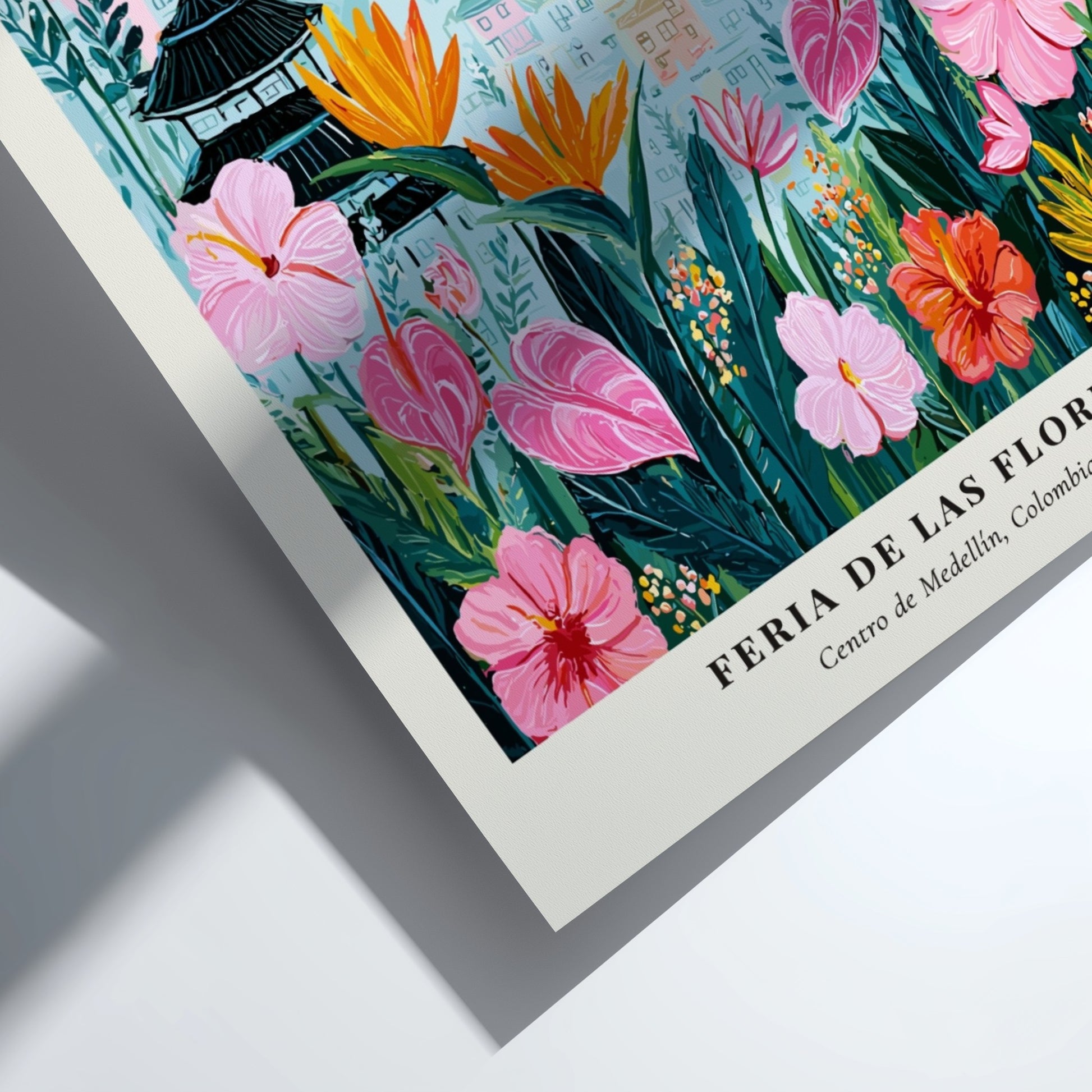 Floral artwork featuring vibrant flowers and greenery in a whimsical style, perfect for wall decor.