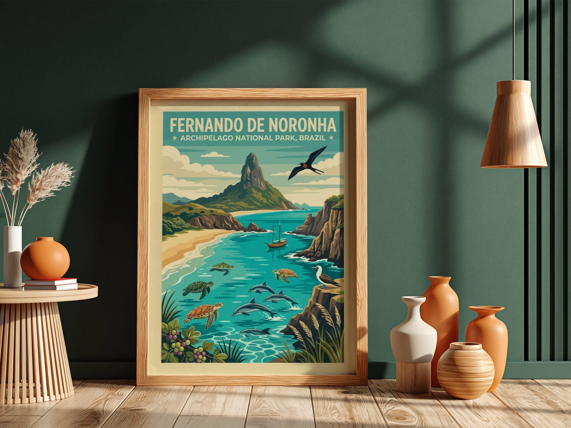 Fernando de Noronha travel poster showing dolphins, turtles, and a mountain in Brazil.