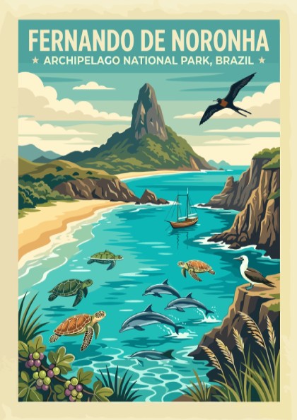 Fernando de Noronha travel poster showing dolphins, turtles, and a mountain in Brazil.