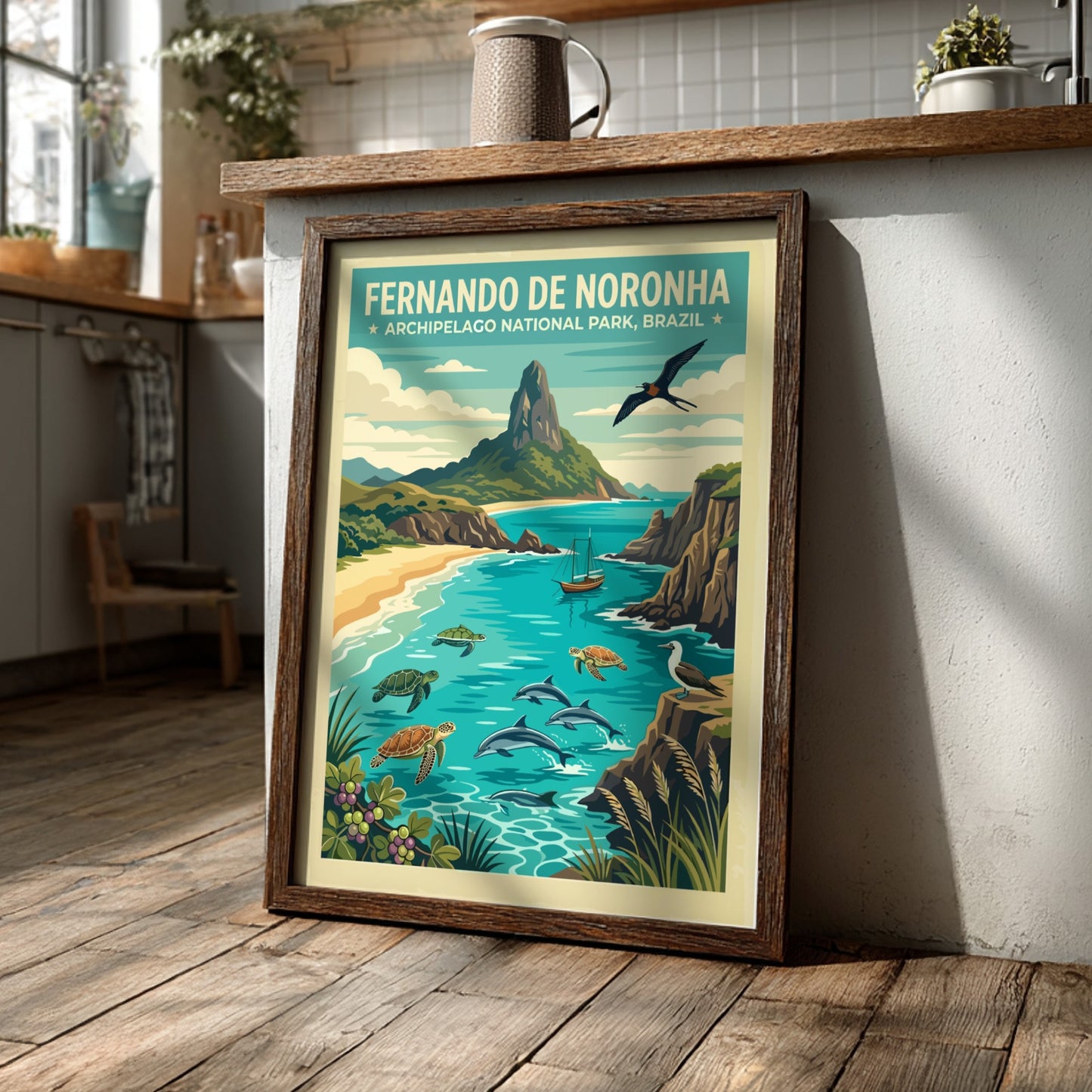 Fernando de Noronha travel poster showing dolphins, turtles, and a mountain in Brazil.