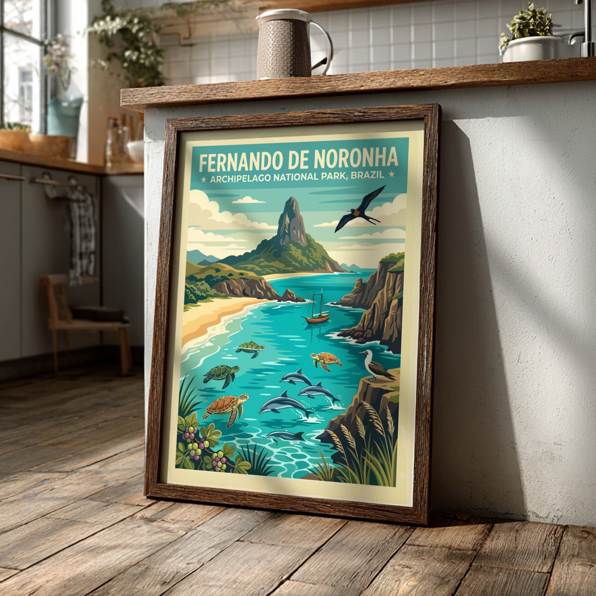 Fernando de Noronha travel poster showing dolphins, turtles, and a mountain in Brazil.
