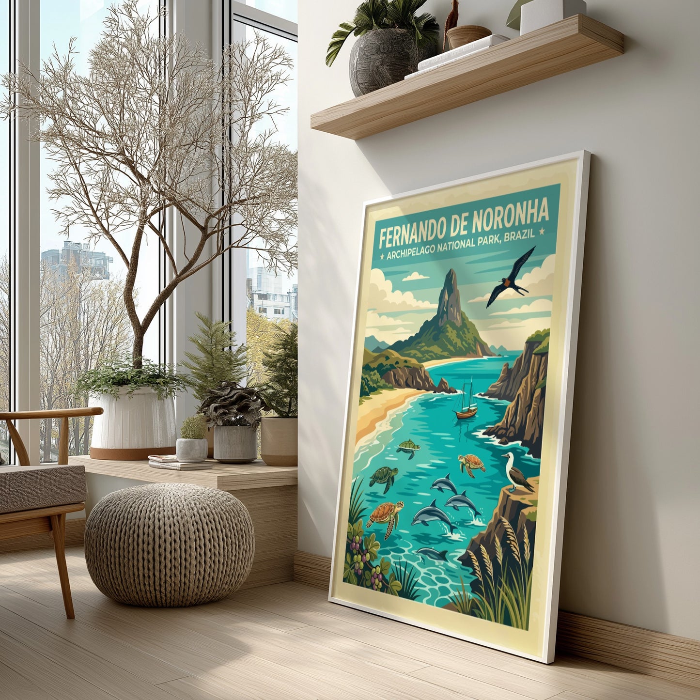 Fernando de Noronha travel poster showing dolphins, turtles, and a mountain in Brazil.