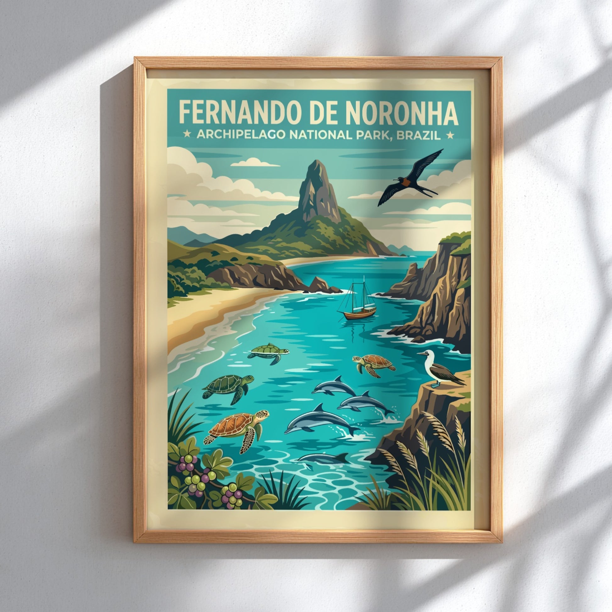 Fernando de Noronha travel poster showing dolphins, turtles, and a mountain in Brazil.