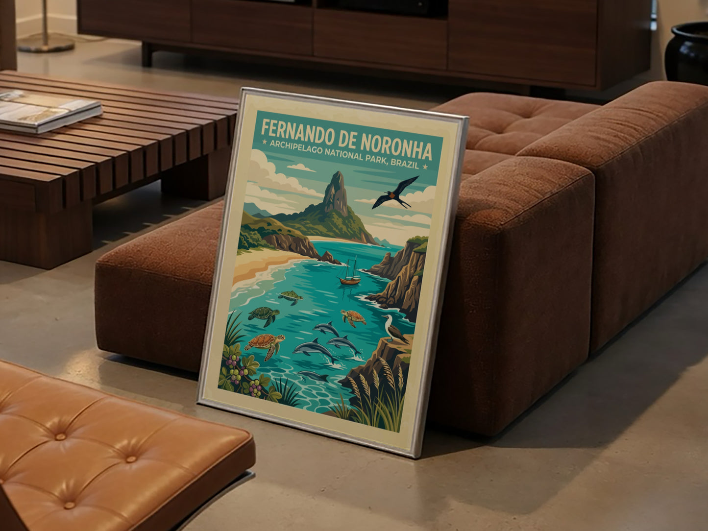 Fernando de Noronha travel poster showing dolphins, turtles, and a mountain in Brazil.