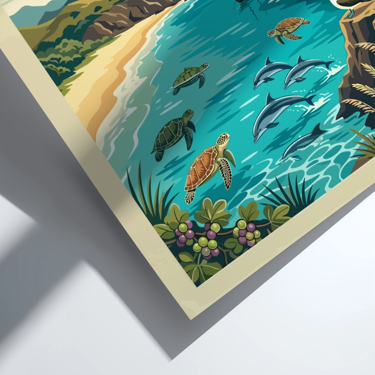 Fernando de Noronha travel poster showing dolphins, turtles, and a mountain in Brazil.
