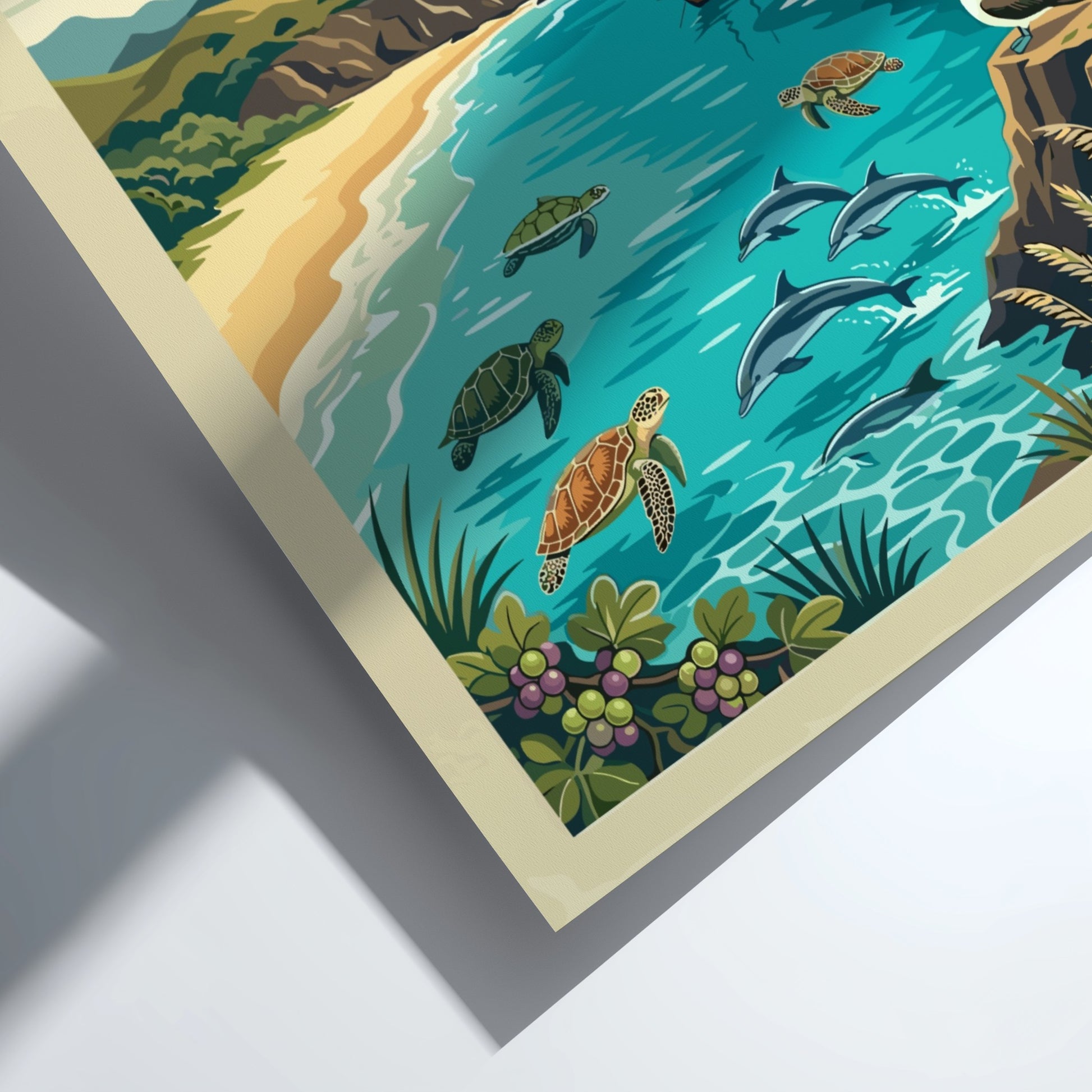 Fernando de Noronha travel poster showing dolphins, turtles, and a mountain in Brazil.