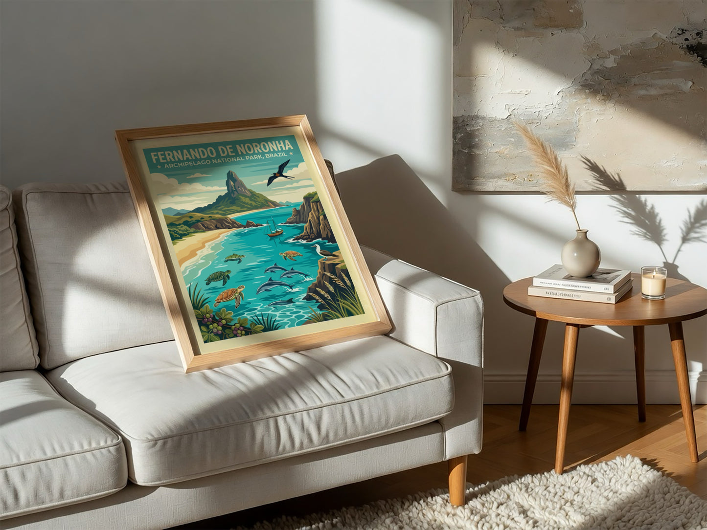 Fernando de Noronha travel poster showing dolphins, turtles, and a mountain in Brazil.