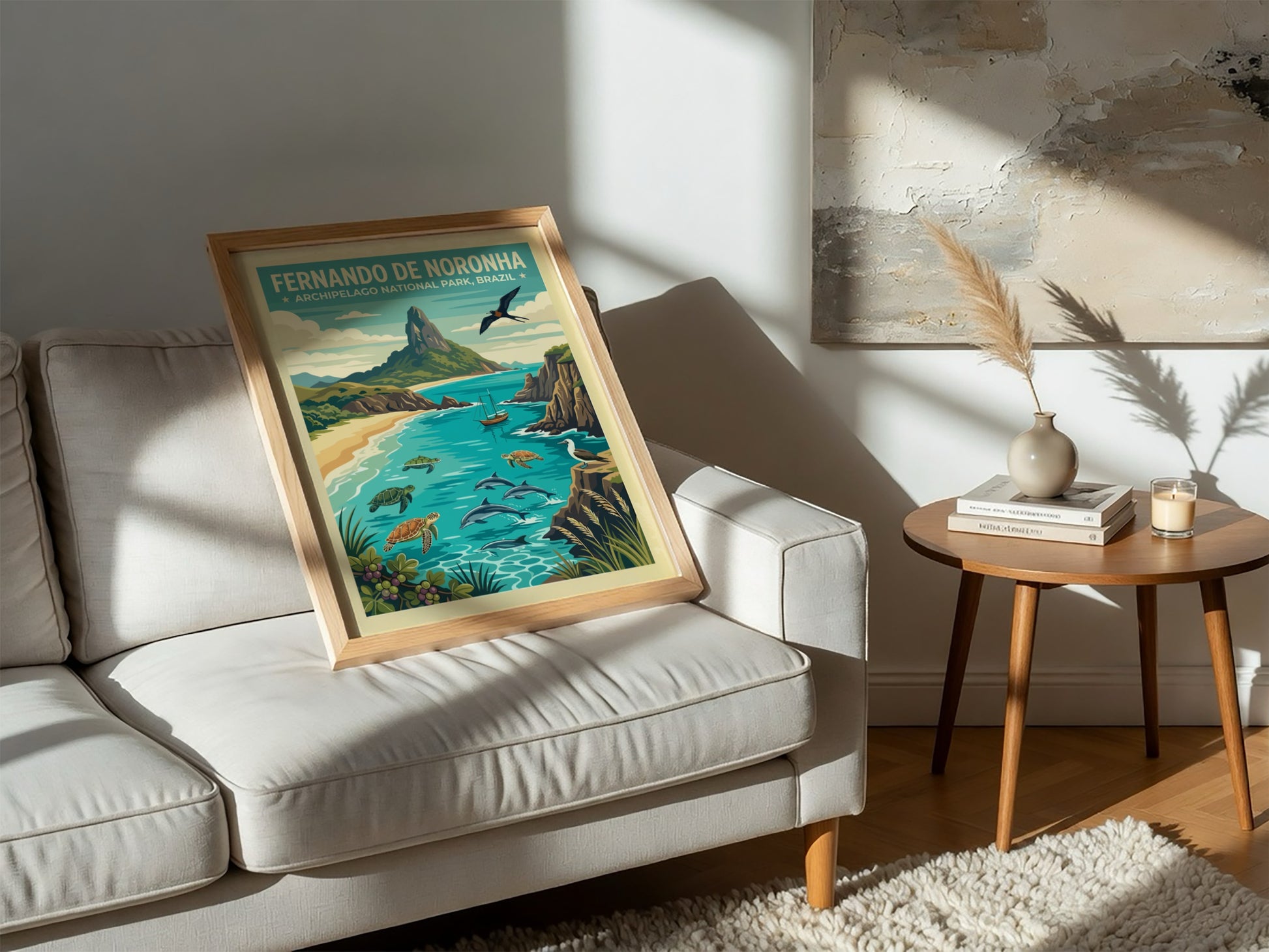 Fernando de Noronha travel poster showing dolphins, turtles, and a mountain in Brazil.