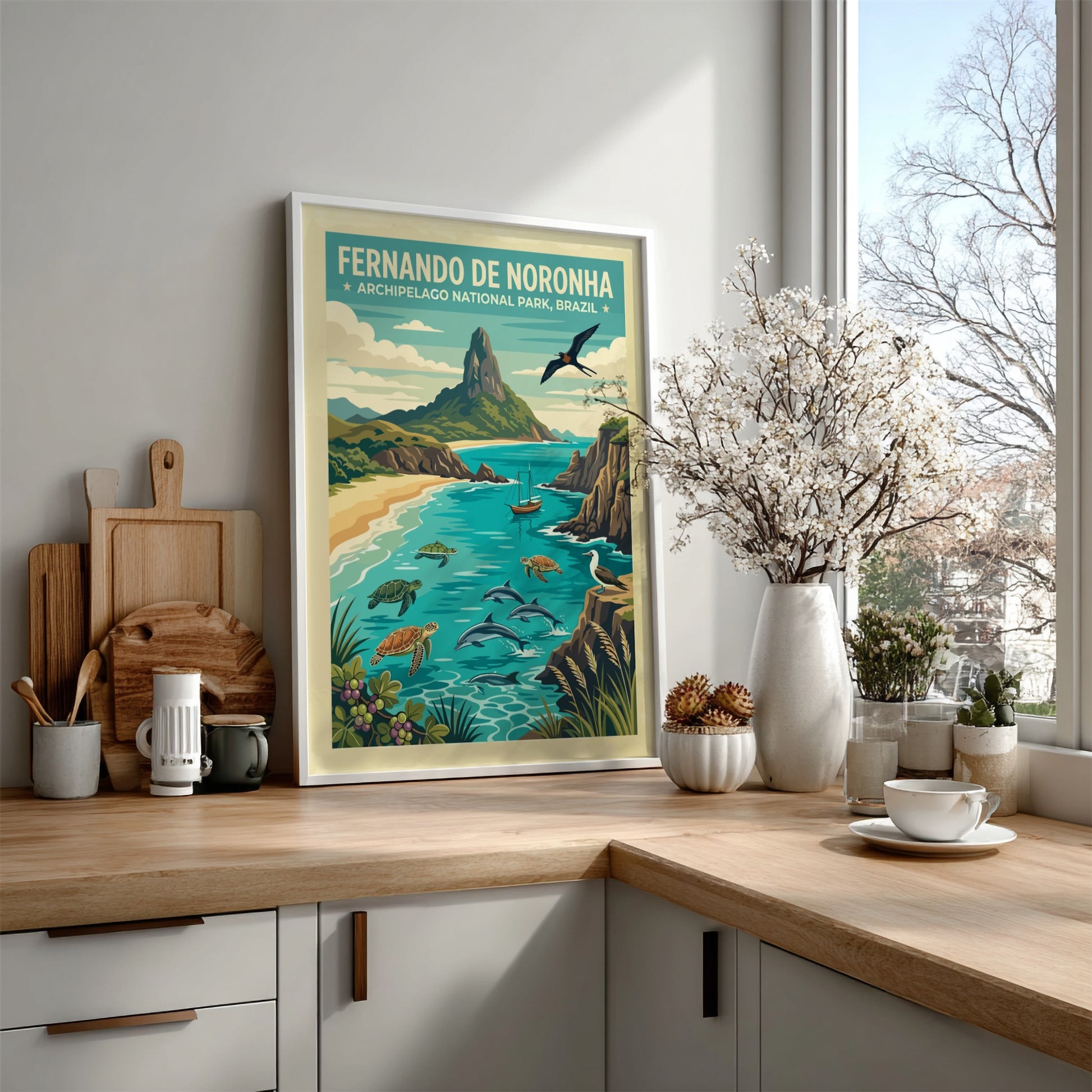 Fernando de Noronha travel poster showing dolphins, turtles, and a mountain in Brazil.
