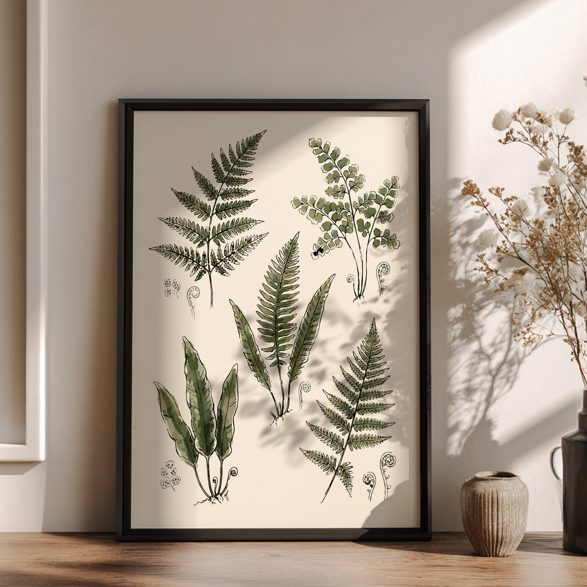Poster featuring five detailed green fern illustrations on a cream background with fiddlehead sprouts.
