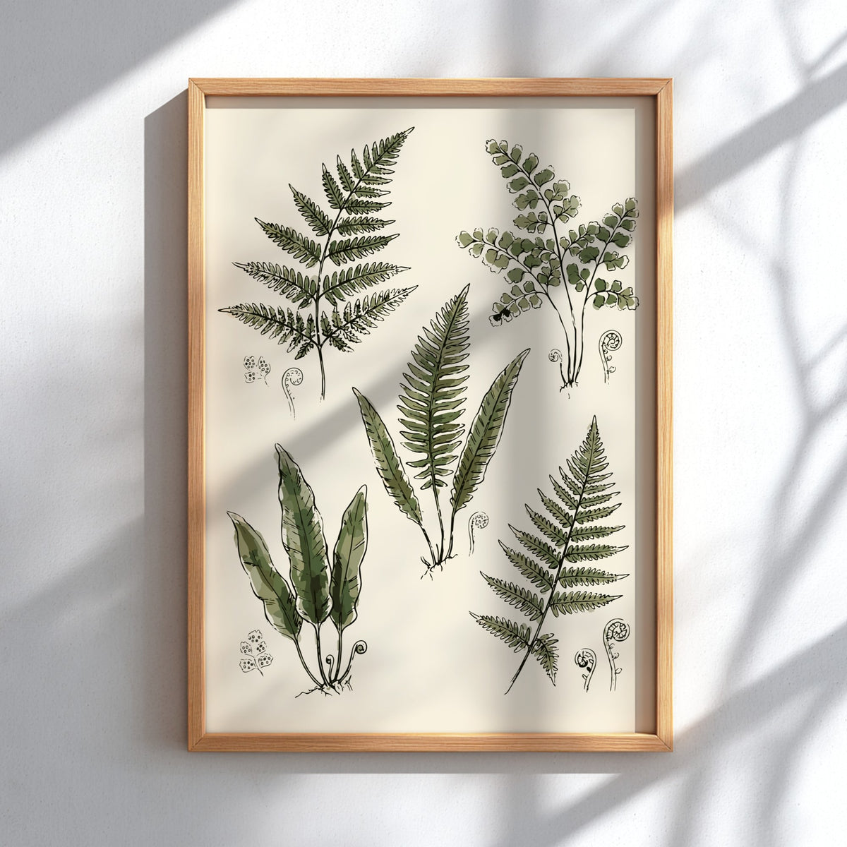 Poster featuring five detailed green fern illustrations on a cream background with fiddlehead sprouts.