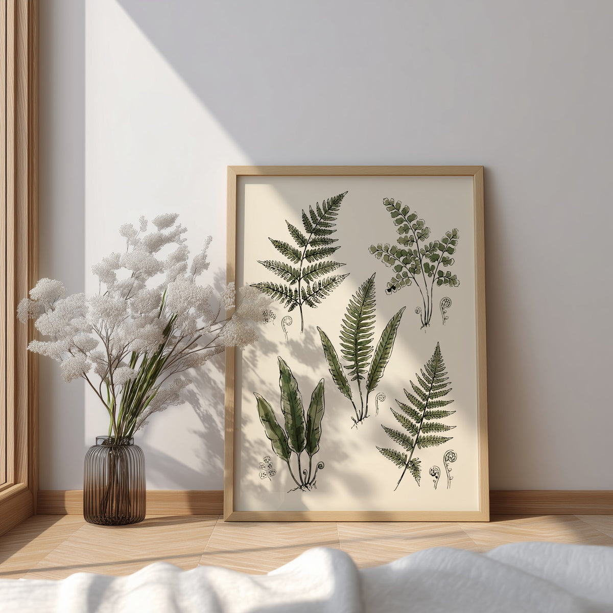Poster featuring five detailed green fern illustrations on a cream background with fiddlehead sprouts.