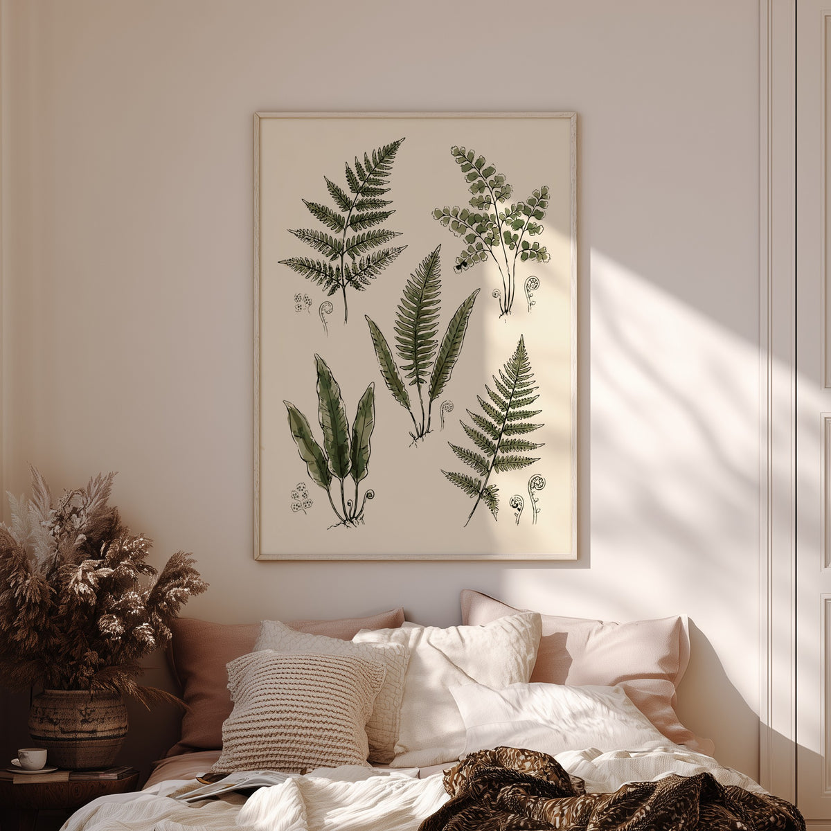 Poster featuring five detailed green fern illustrations on a cream background with fiddlehead sprouts.