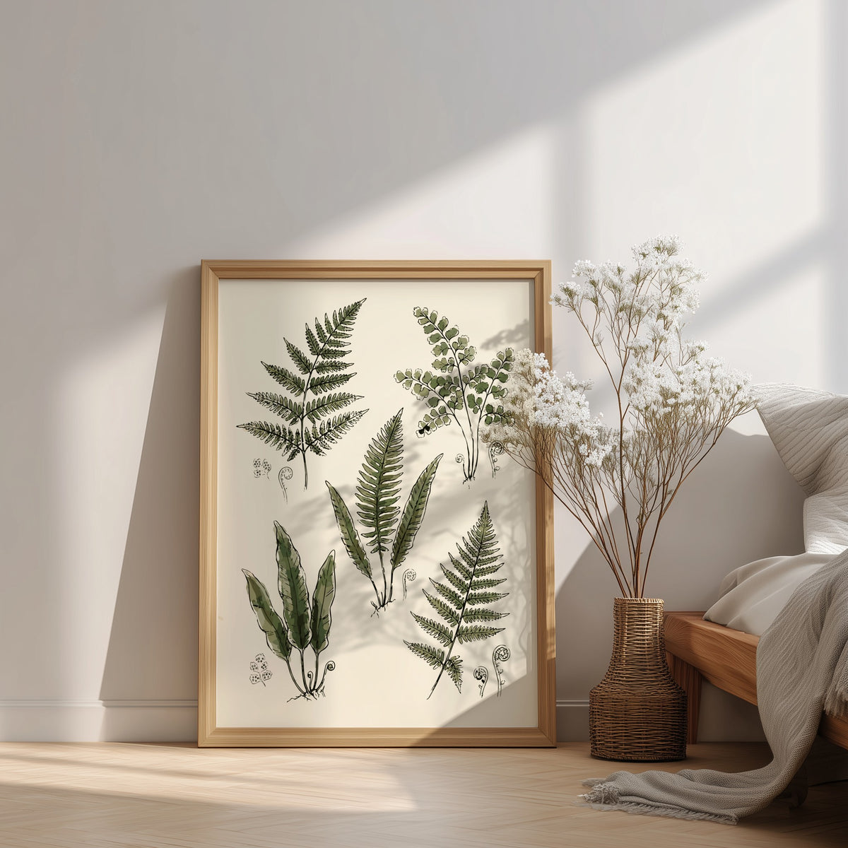 Poster featuring five detailed green fern illustrations on a cream background with fiddlehead sprouts.