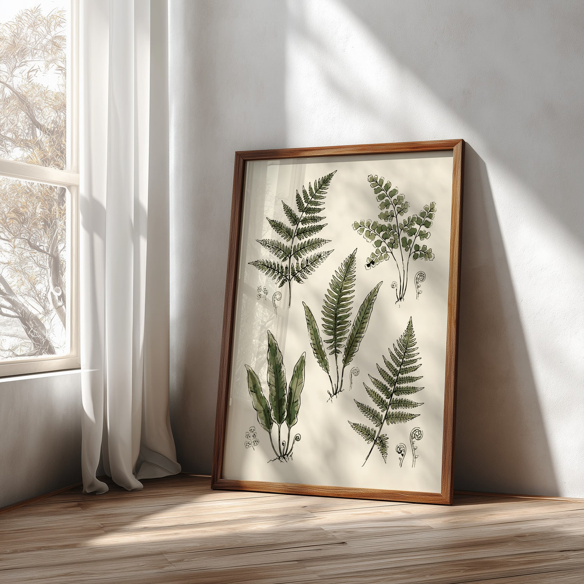 Poster featuring five detailed green fern illustrations on a cream background with fiddlehead sprouts.