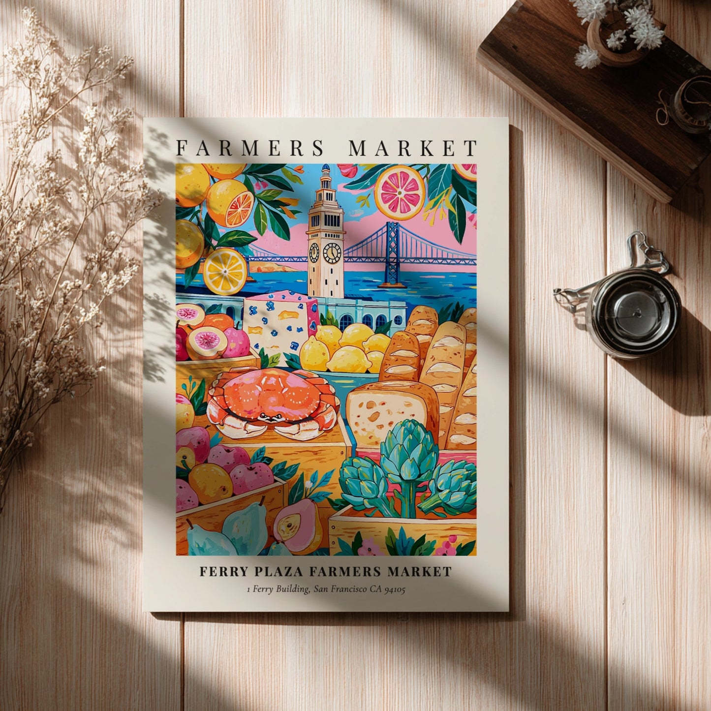 Ferry Plaza Farmers Market poster featuring colorful fruits, vegetables, and seafood with San Francisco