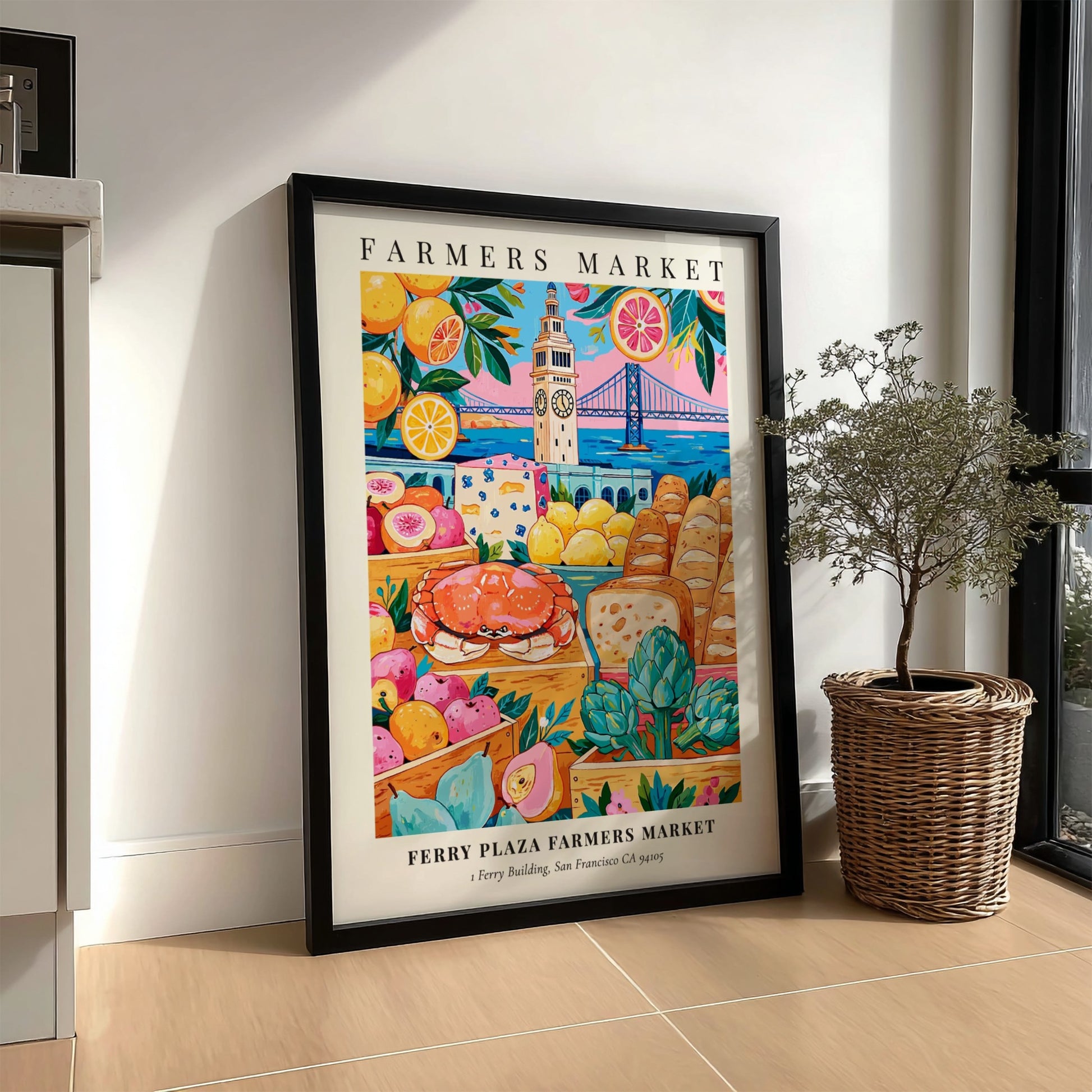 Ferry Plaza Farmers Market poster featuring colorful fruits, vegetables, and seafood with San Francisco