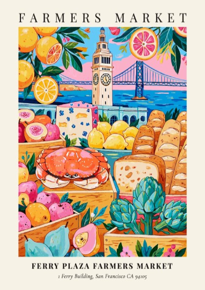 Ferry Plaza Farmers Market poster featuring colorful fruits, vegetables, and seafood with San Francisco