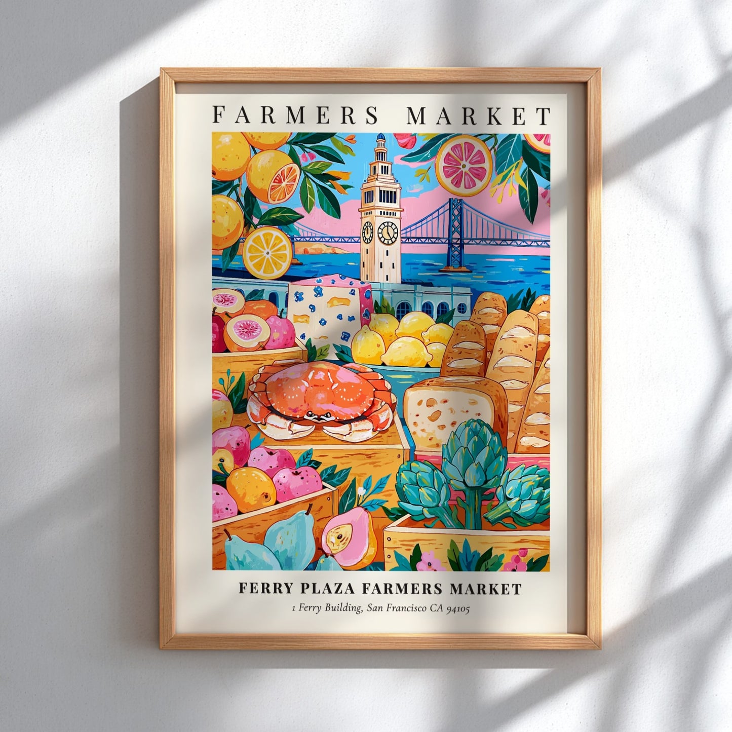 Ferry Plaza Farmers Market poster featuring colorful fruits, vegetables, and seafood with San Francisco