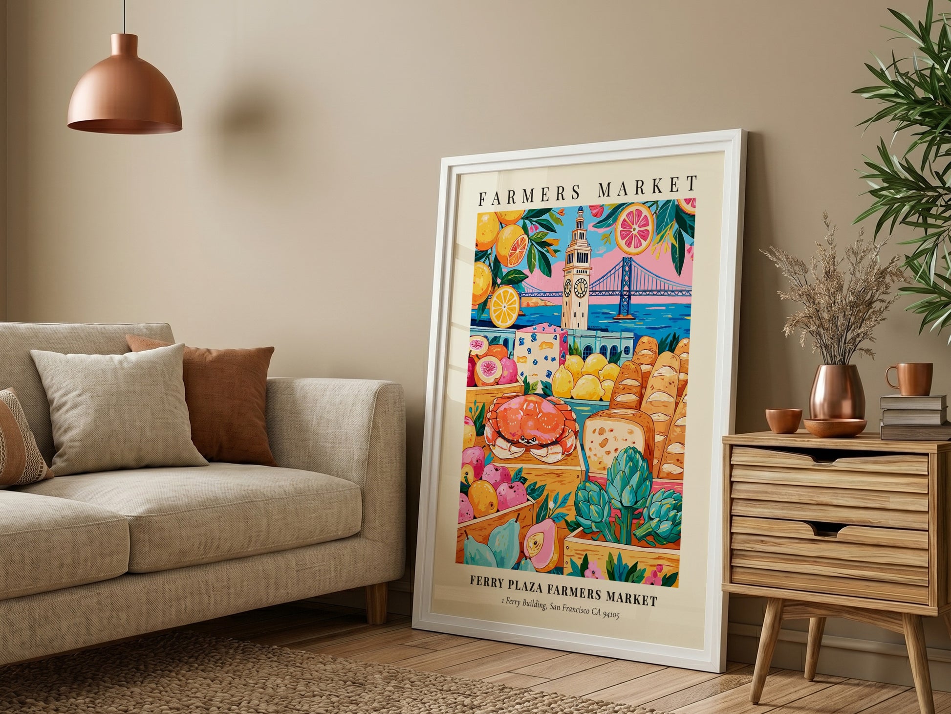 Ferry Plaza Farmers Market poster featuring colorful fruits, vegetables, and seafood with San Francisco