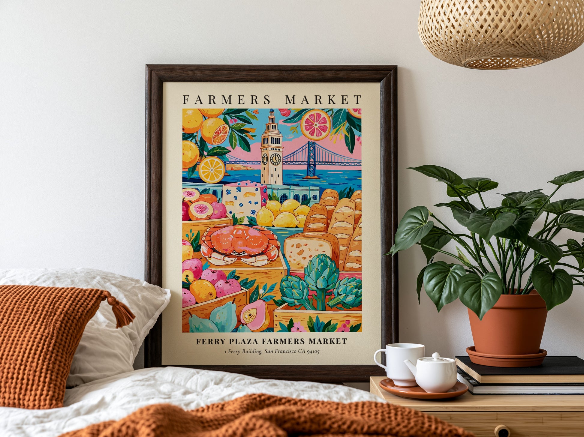 Ferry Plaza Farmers Market poster featuring colorful fruits, vegetables, and seafood with San Francisco