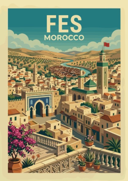 Fes Morocco travel poster with stylized illustration of the city's architecture and landscape.