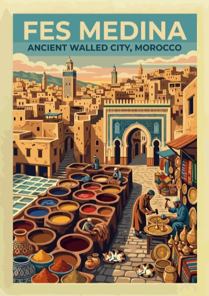 Travel poster of Fes Medina in Morocco featuring ancient architecture and vibrant market scenes.