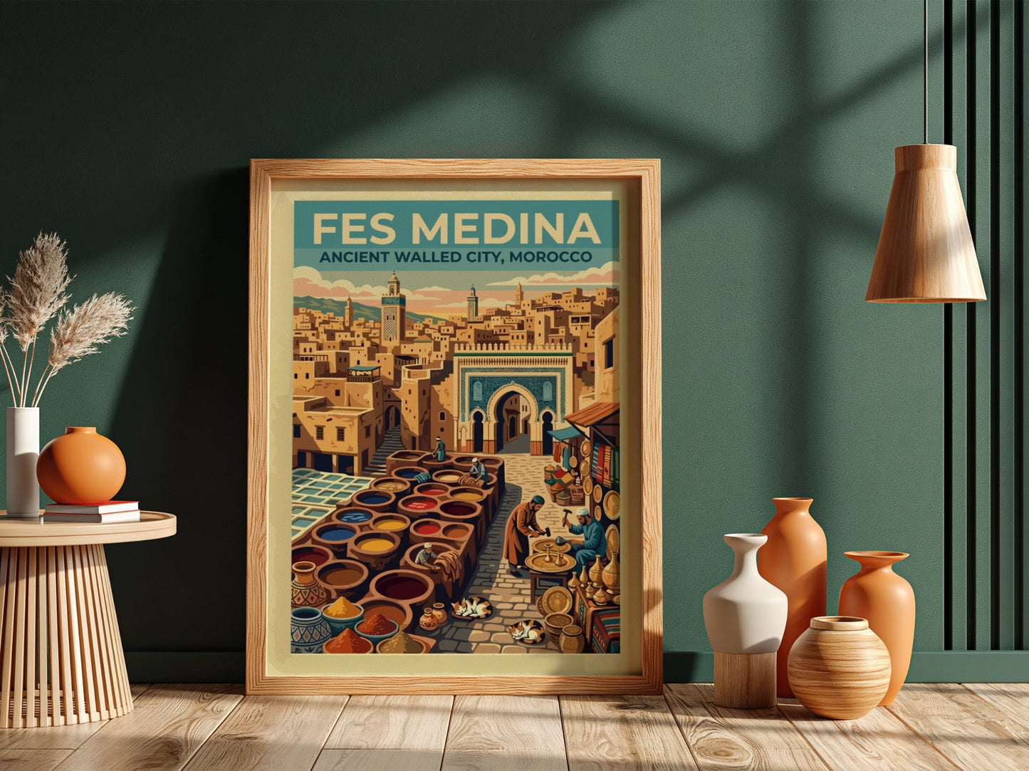 Travel poster of Fes Medina in Morocco featuring ancient architecture and vibrant market scenes.