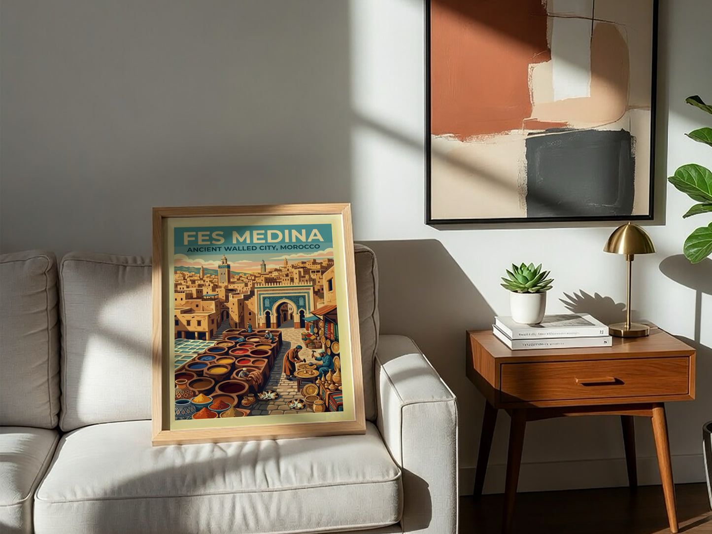 Travel poster of Fes Medina in Morocco featuring ancient architecture and vibrant market scenes.