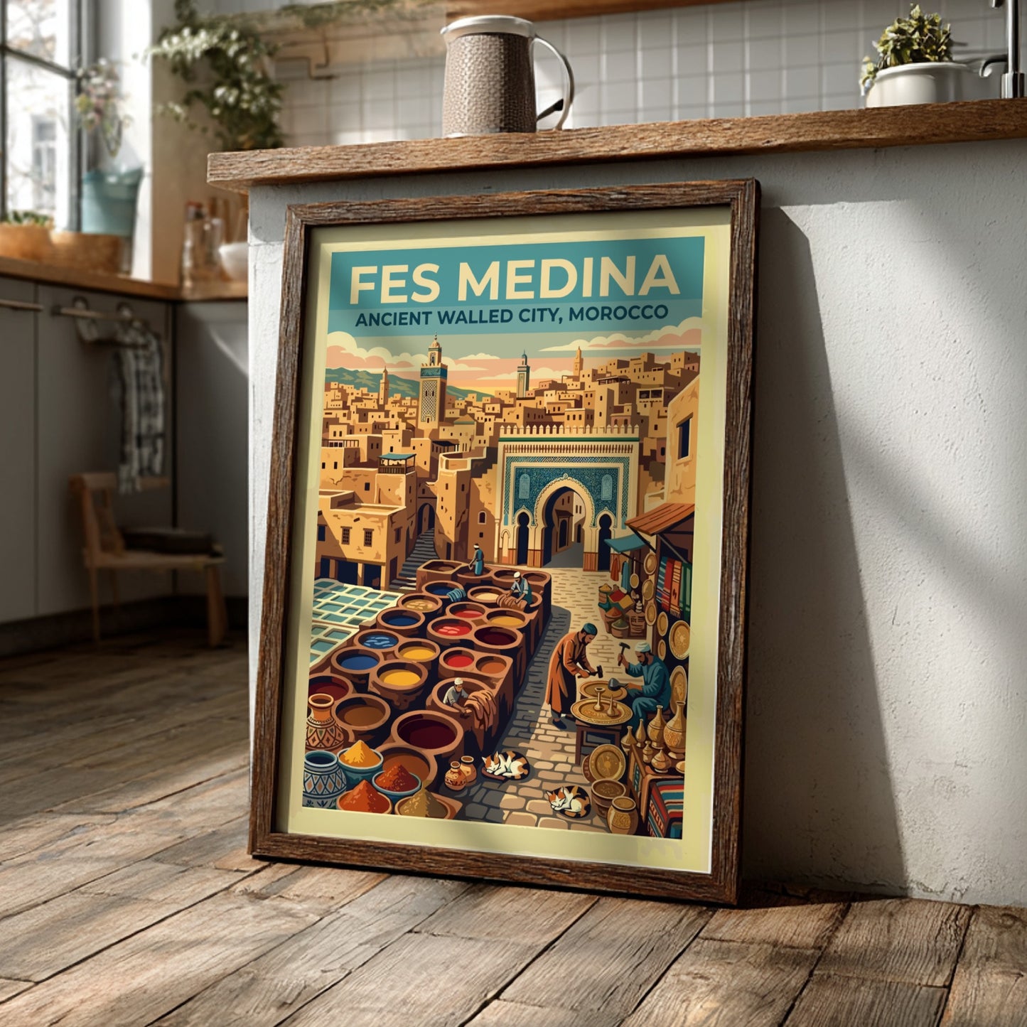 Travel poster of Fes Medina in Morocco featuring ancient architecture and vibrant market scenes.