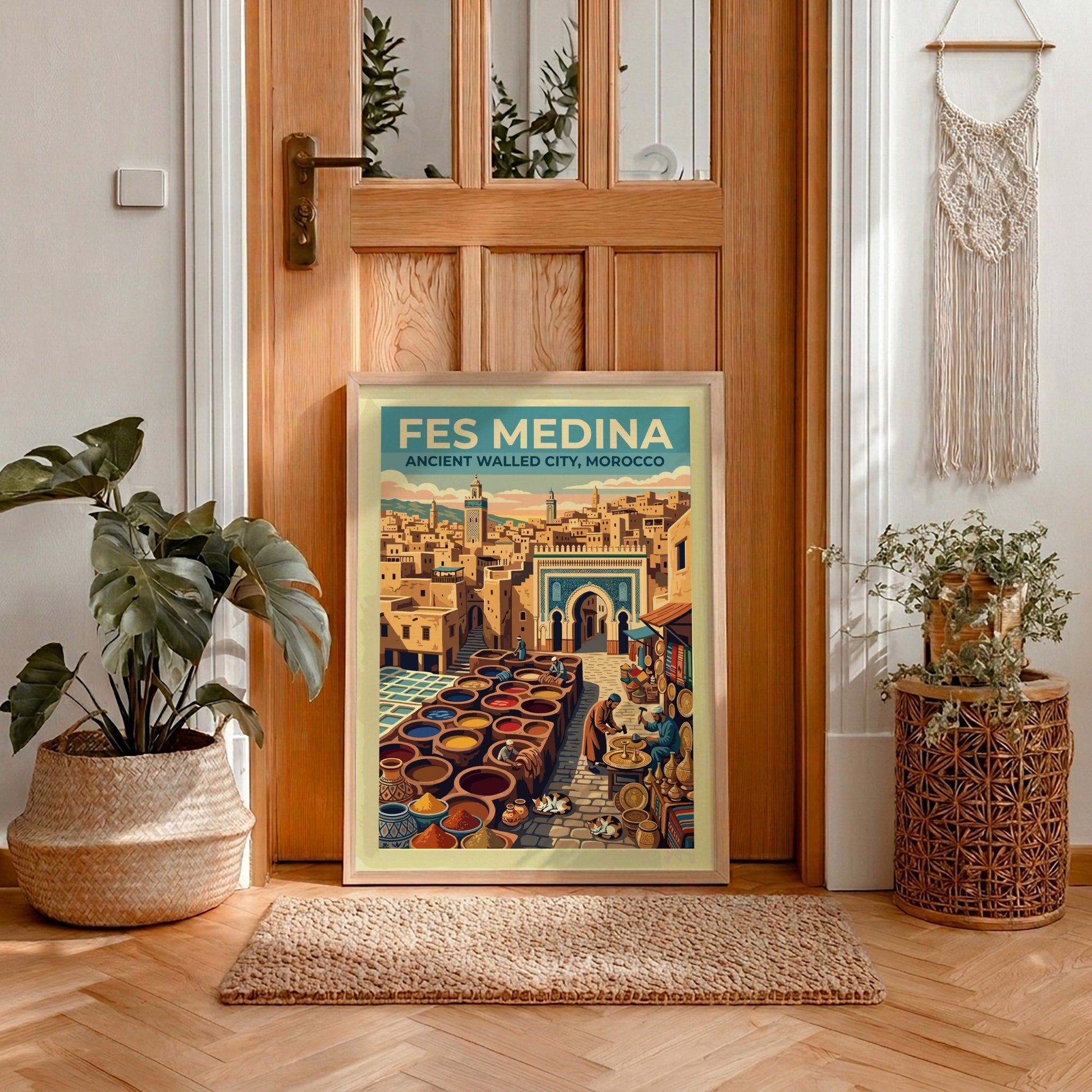 Travel poster of Fes Medina in Morocco featuring ancient architecture and vibrant market scenes.