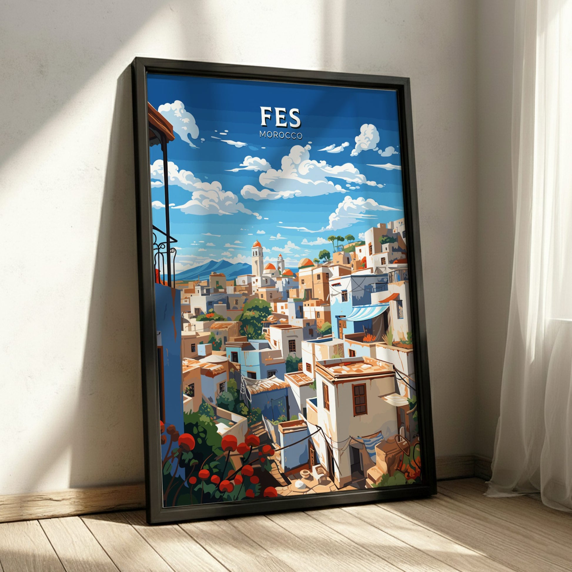 Framed poster of Fes, Morocco with a cityscape illustration on a blue sky background.