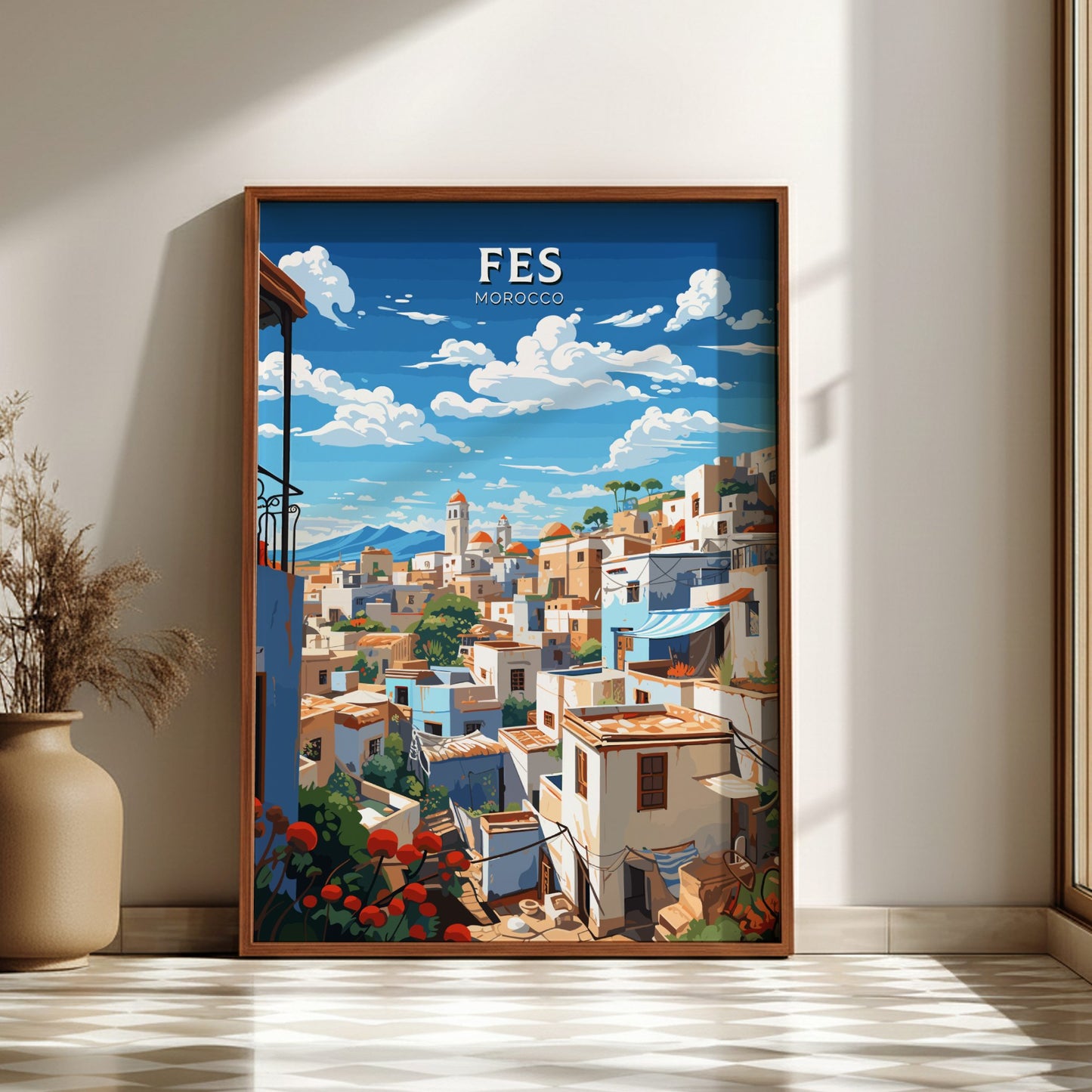 Framed artwork of Fes, Morocco with a cityscape and 'FES' text.