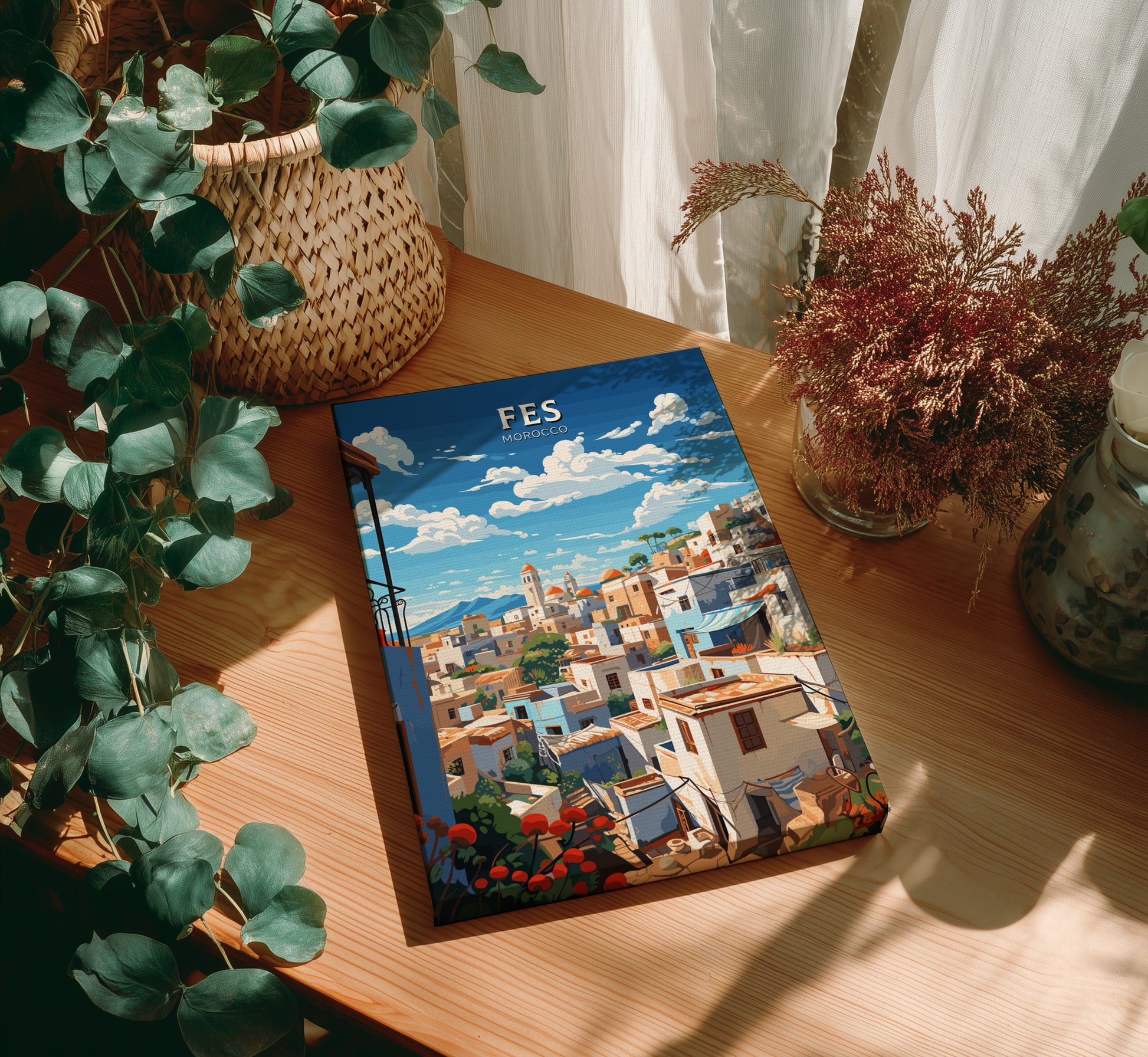 Colorful book titled 'FES' on a wooden table with plants