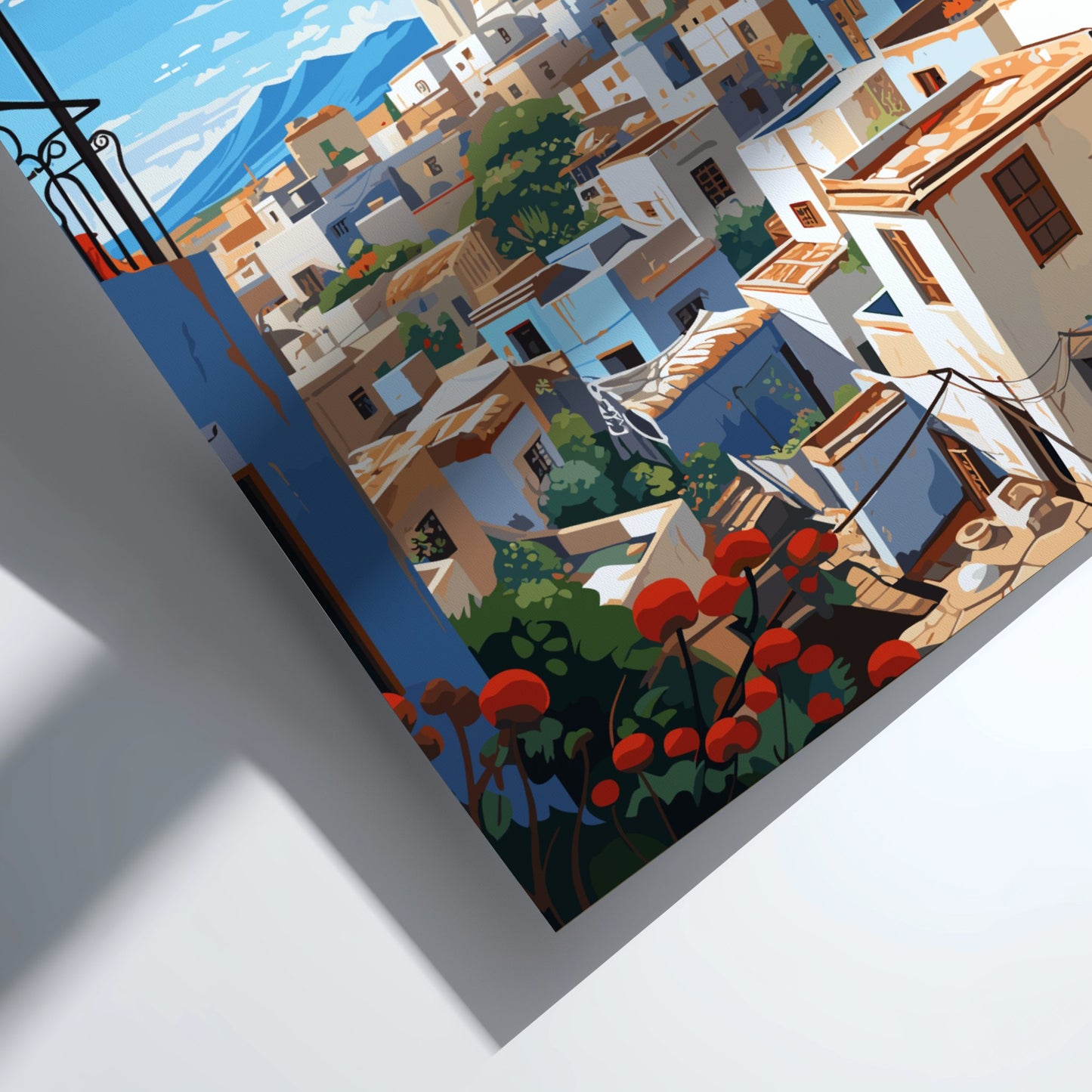 Colorful illustration of a Mediterranean town with red flowers in the foreground