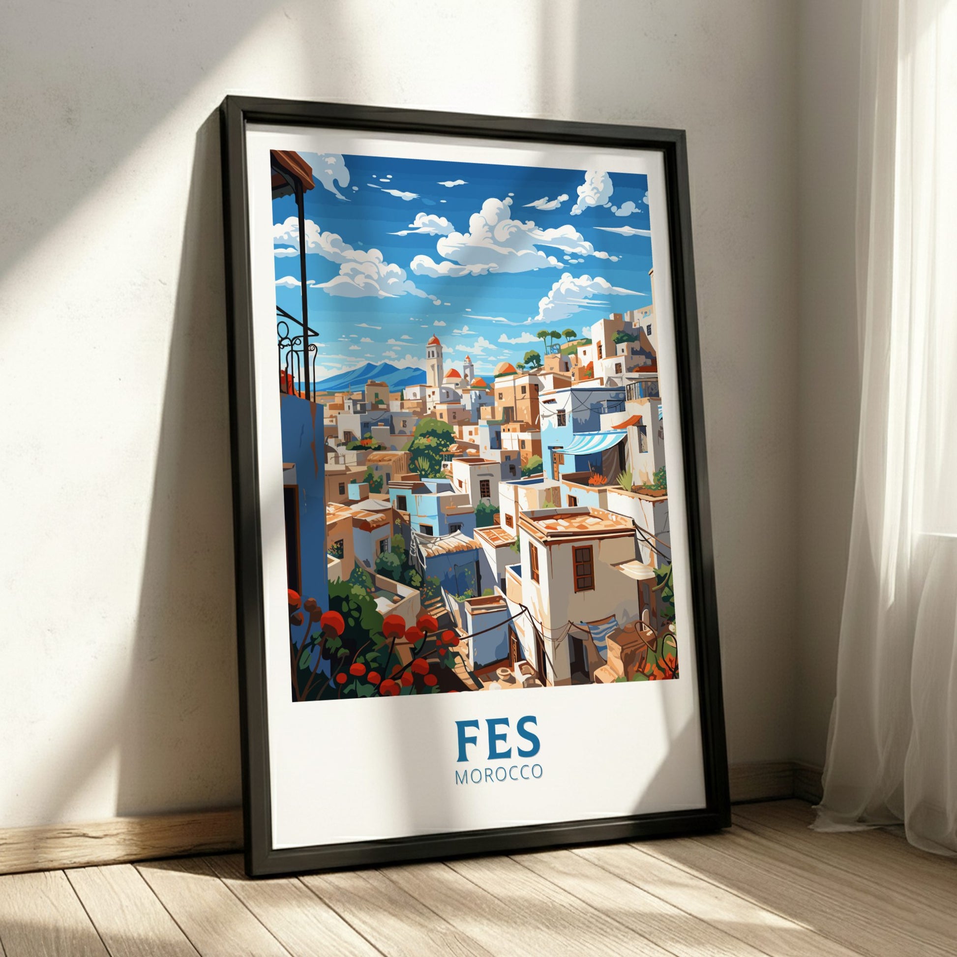Framed artwork of Fes, Morocco with a cityscape and 'Fes Morocco' text.