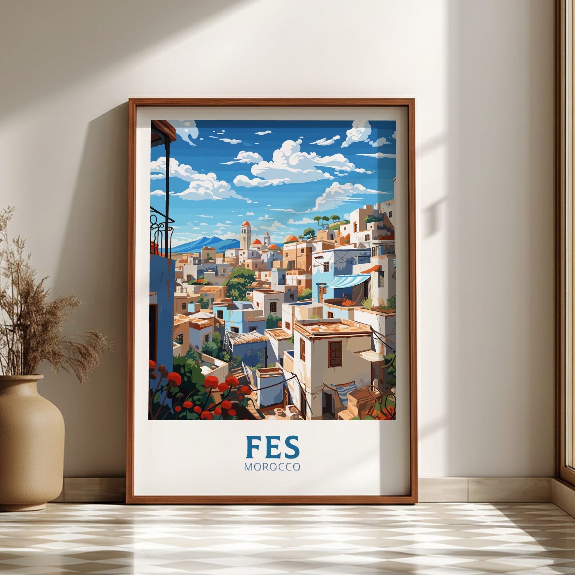 Framed artwork of Fes, Morocco with a wooden frame on a wall.