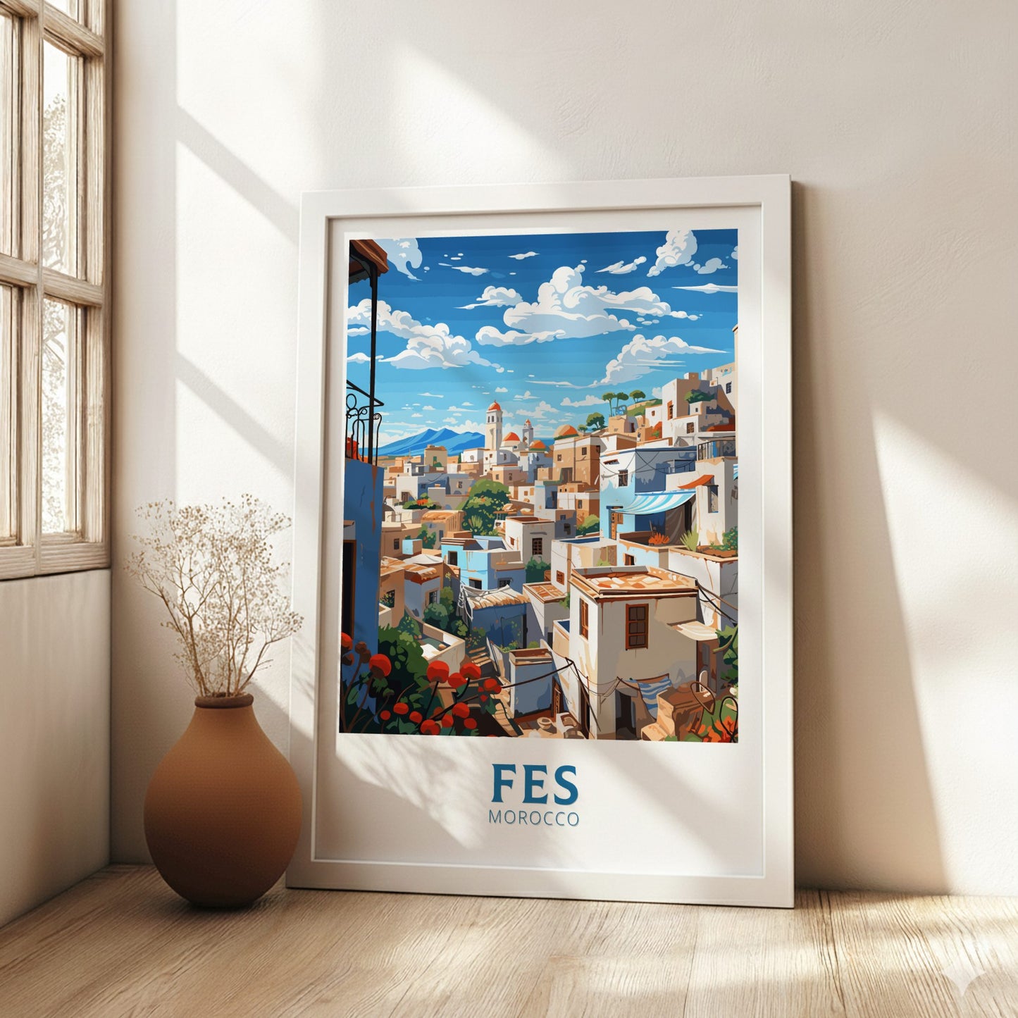 Framed artwork of Fes, Morocco with a cityscape and 'FES MOROCCO' text in a bright room.