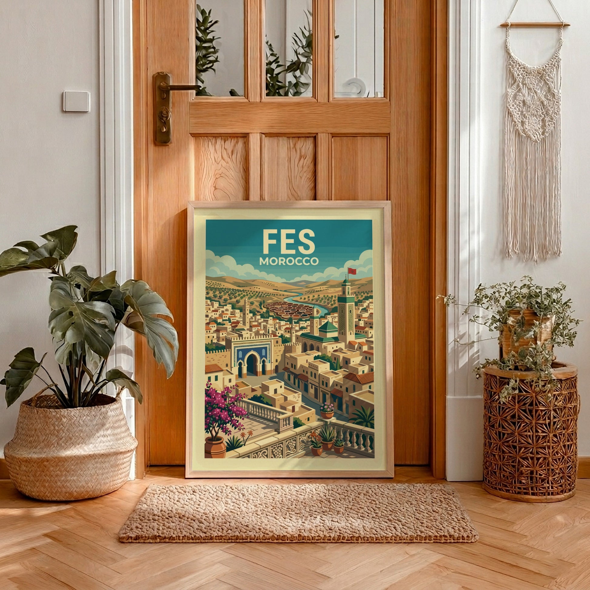 Fes Morocco travel poster with stylized illustration of the city's architecture and landscape.