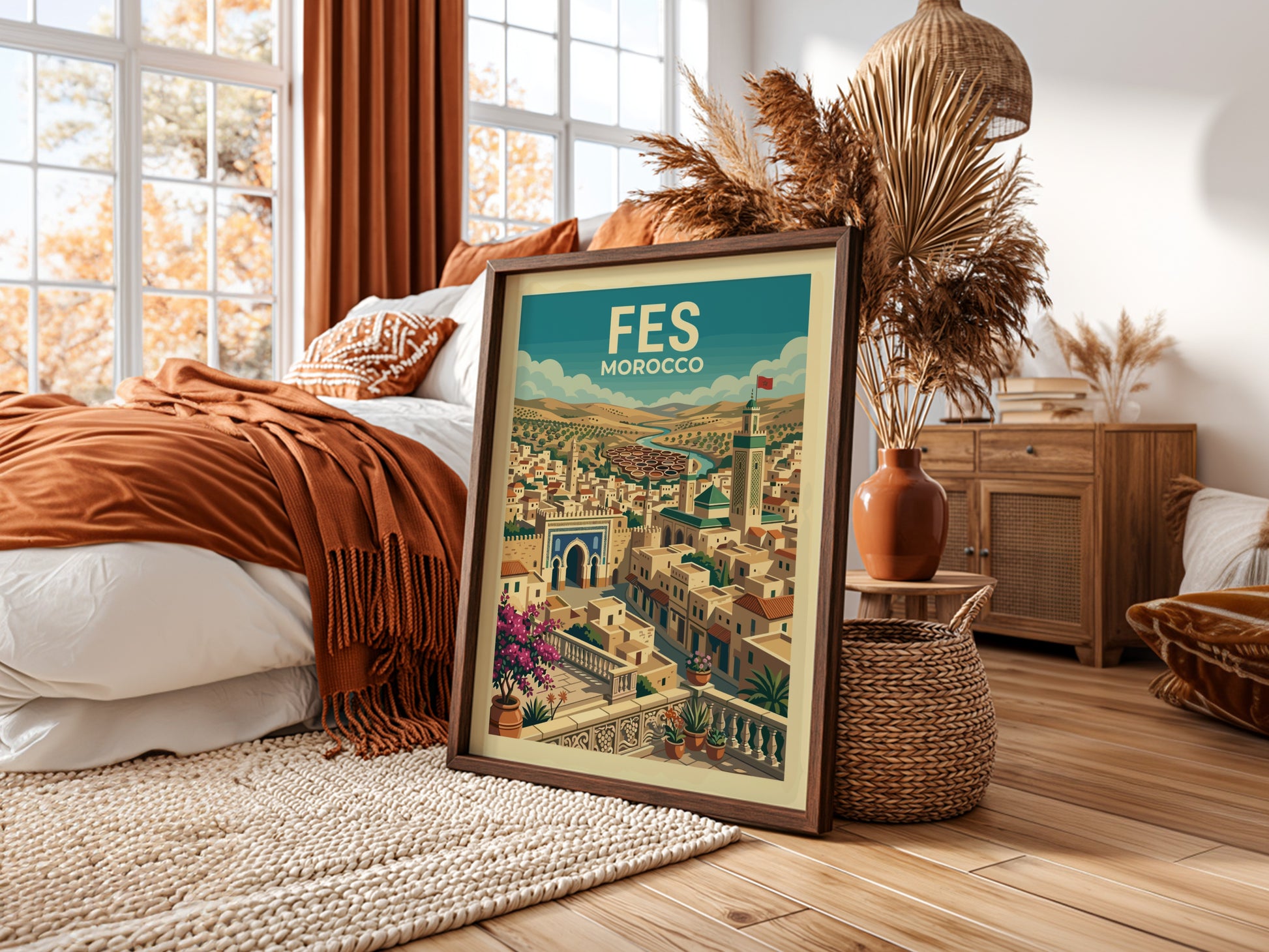 Fes Morocco travel poster with stylized illustration of the city's architecture and landscape.