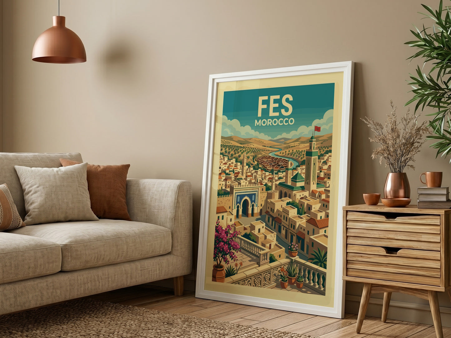 Fes Morocco travel poster with stylized illustration of the city's architecture and landscape.