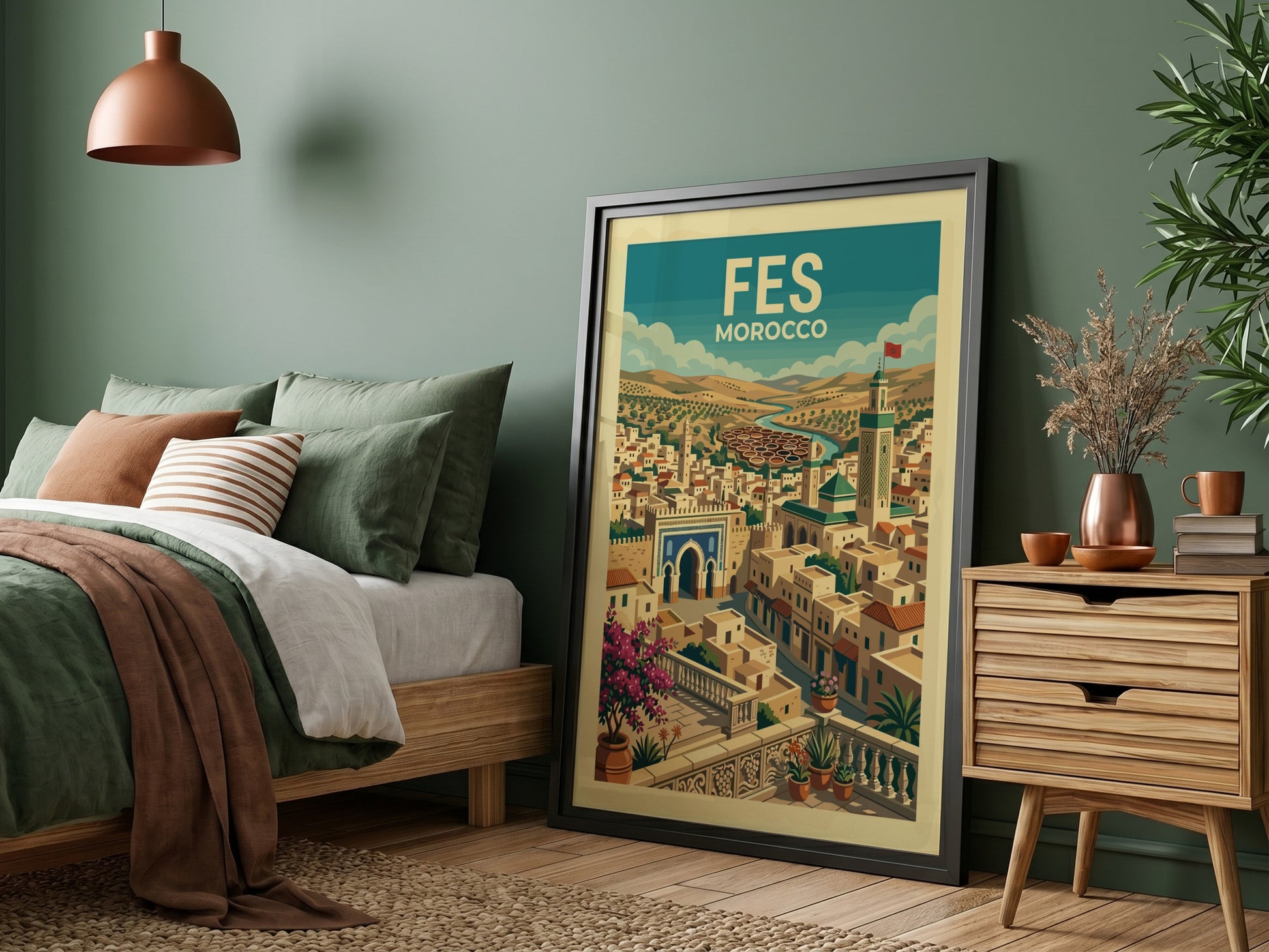 Fes Morocco travel poster with stylized illustration of the city's architecture and landscape.